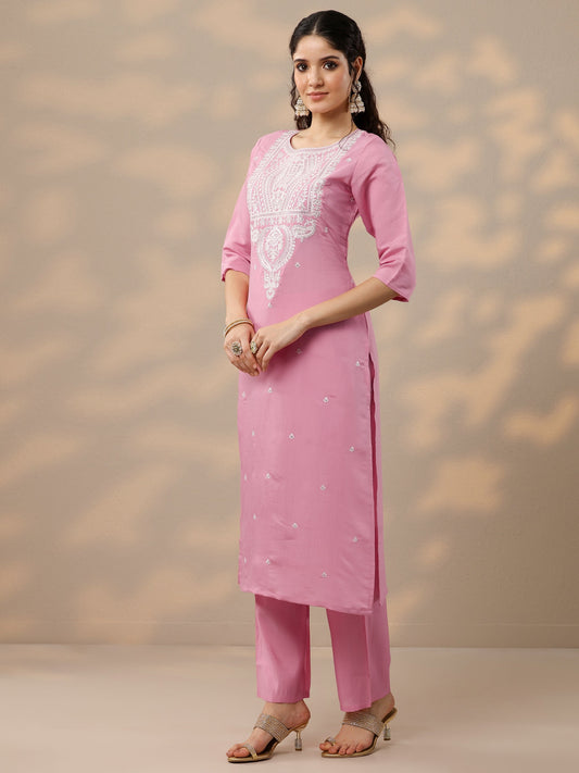 Pink Embroidered Silk Blend Straight Suit Set With Dupatta