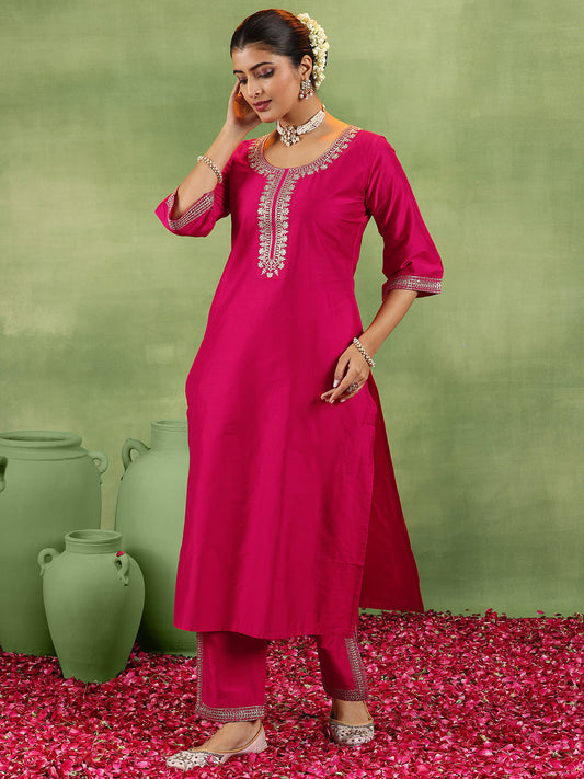 Coral Yoke Design Silk Blend Straight Suit With Dupatta