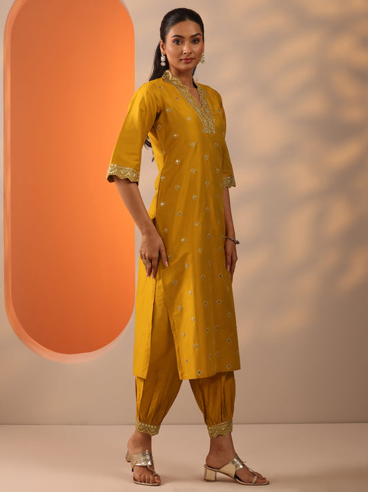 Mustard Embroidered Silk Blend Straight Kurta Set