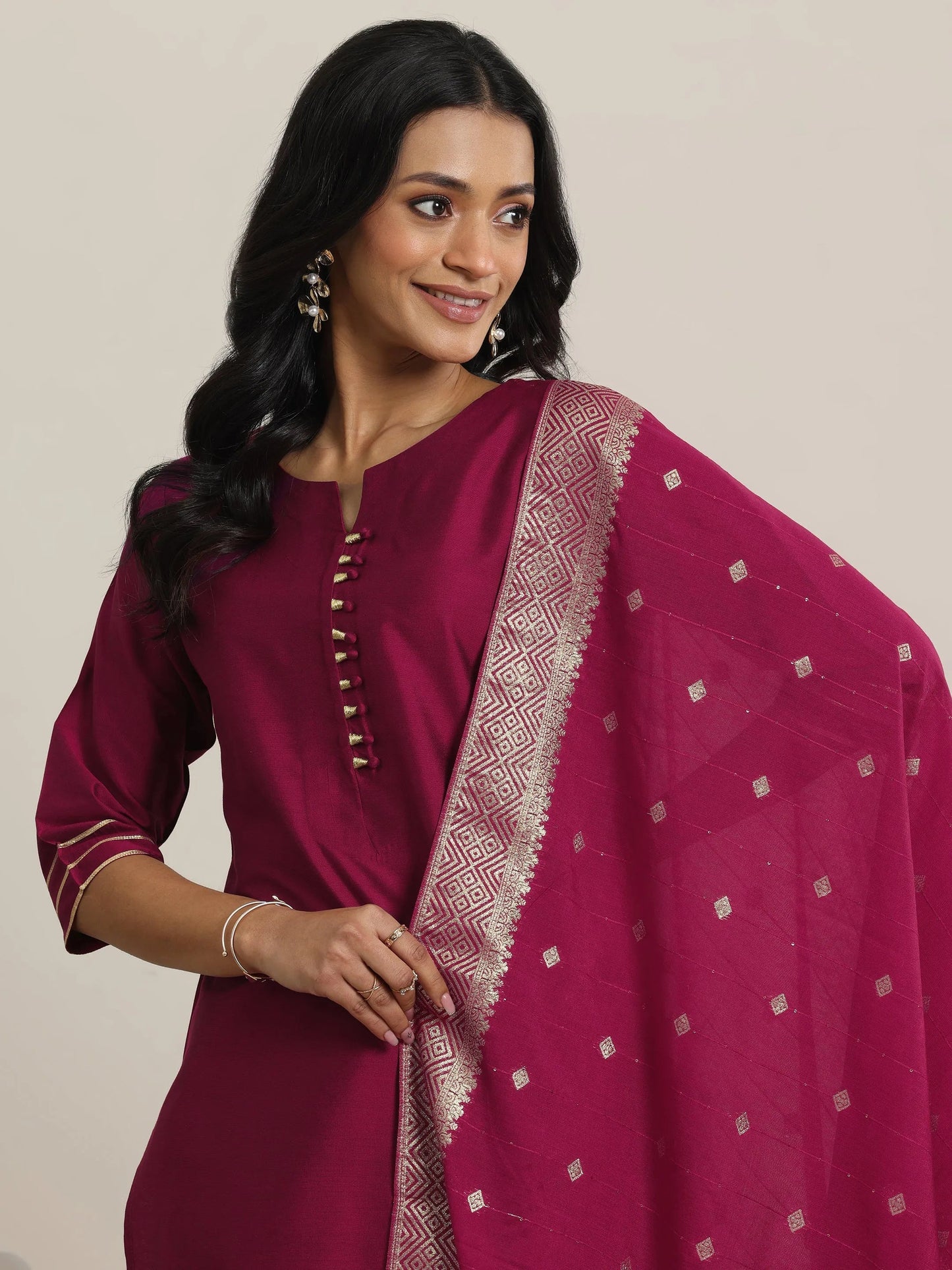 Pink Solid Silk Blend Straight Suit With Dupatta