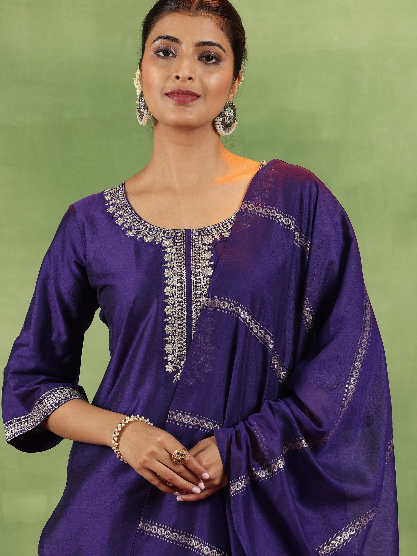 Purple Yoke Design Silk Blend Straight Suit With Dupatta