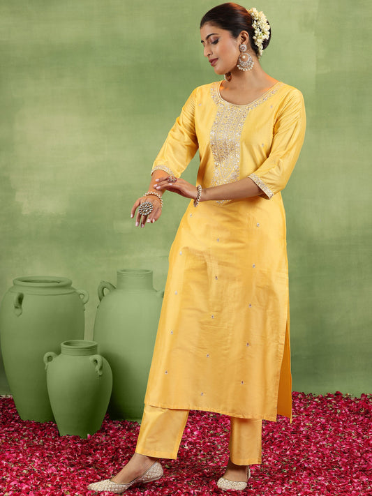 Yellow Embroidered Silk Blend Straight Suit With Dupatta