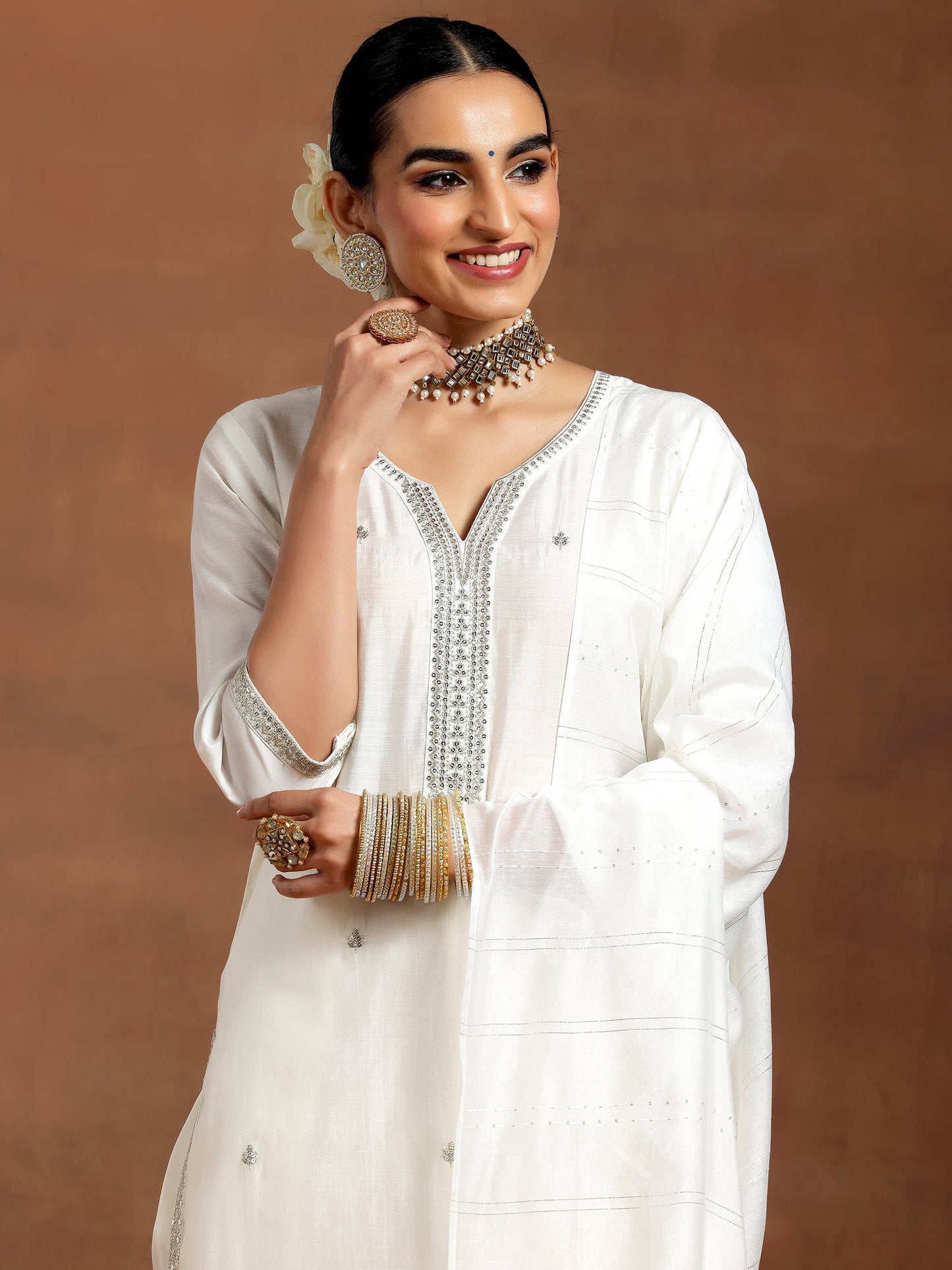 White Embroidered Silk Blend Straight Suit With Dupatta