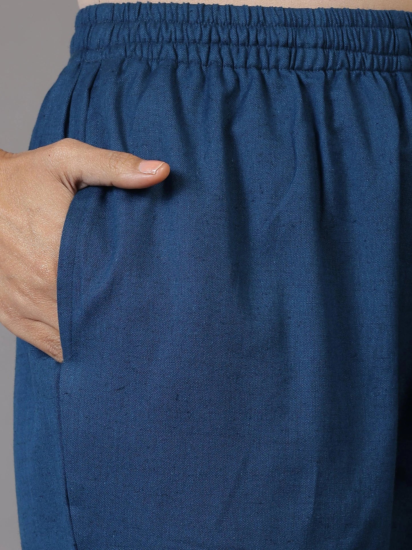 Teal Solid Cotton Trousers