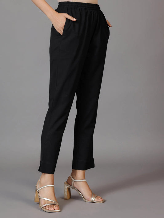 Black Solid Cotton Trousers