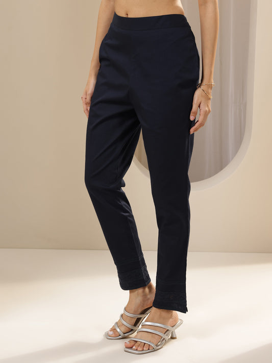 Blue Solid Cotton Trousers