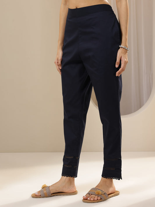 Blue Solid Cotton Trousers