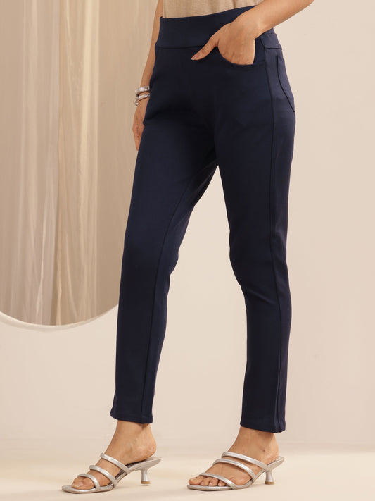 Navy Blue Solid Rayon Blend Jegging