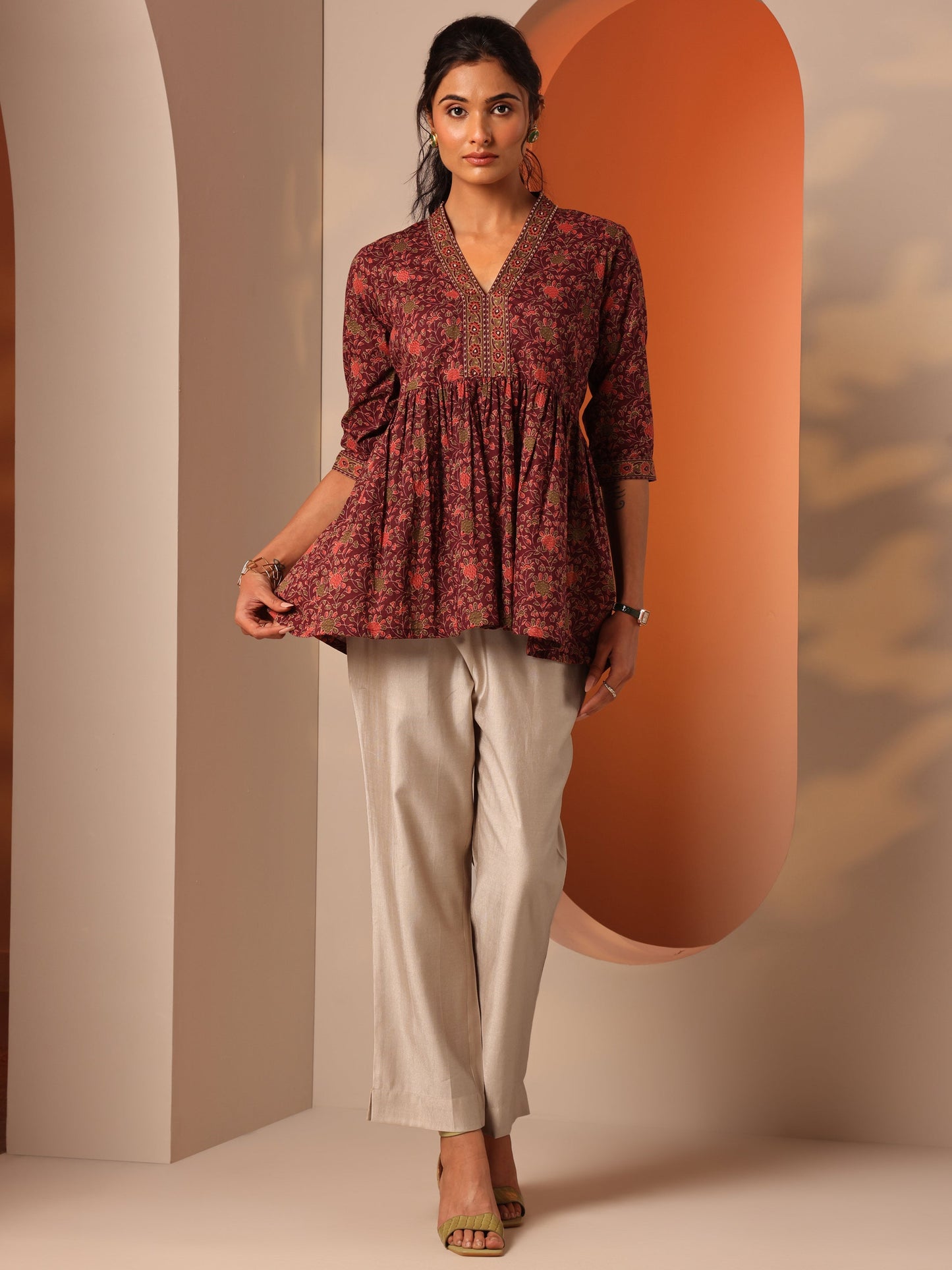 Beige Solid Silk blend Trouser