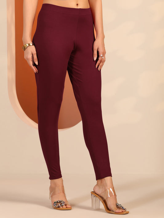 Maroon Solid Cotton Blend Legging
