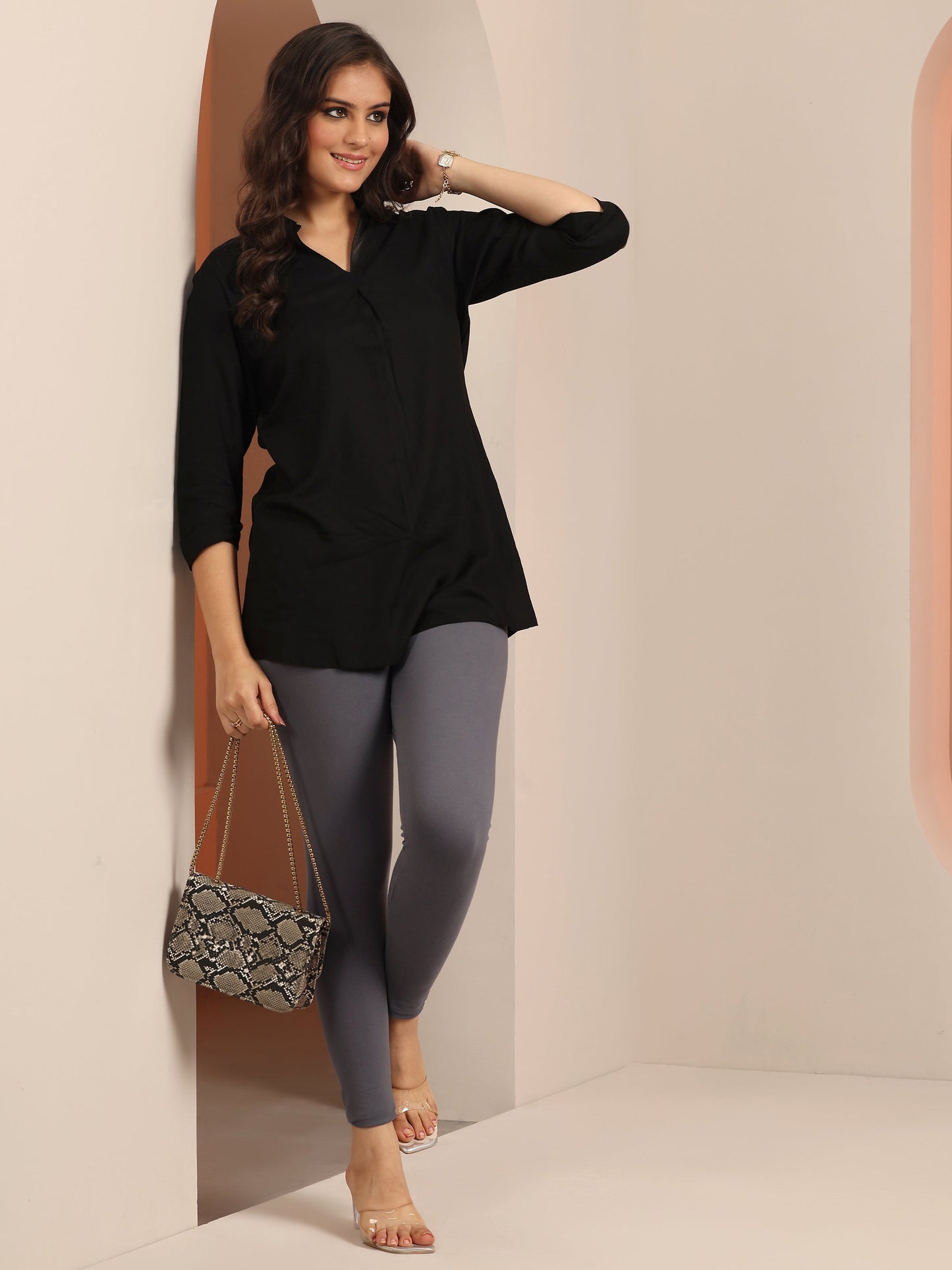 Grey Solid Cotton Blend Leggings