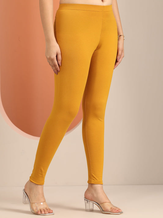 Mustard Solid Cotton Blend Leggings