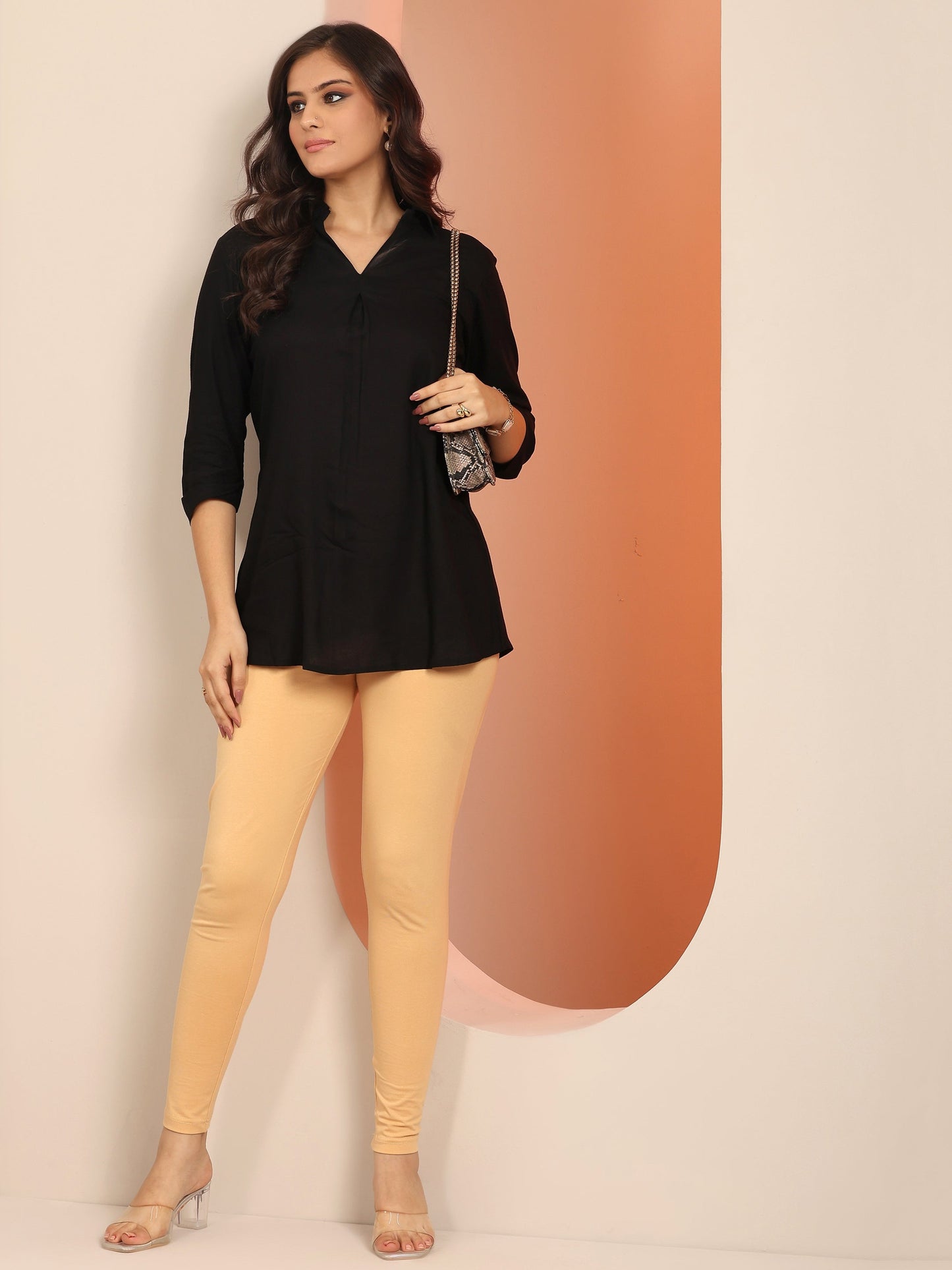 Beige Solid Cotton Blend Leggings