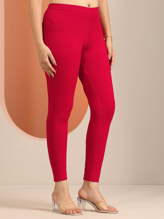 Red Solid Cotton Blend Legging