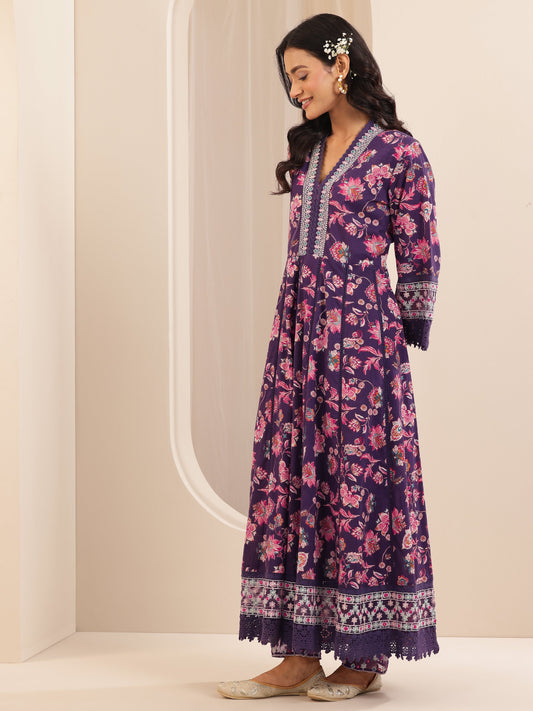 Purple Printed Cotton Anarkali Suit Sets With Dupatta