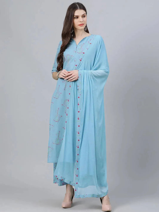 Blue Printed Rayon Straight Kurta With Palazzos & Dupatta