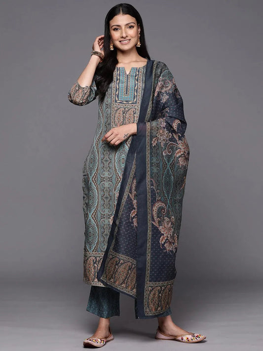Blue Printed Crepe Straight Kurta With Trousers & Dupatta