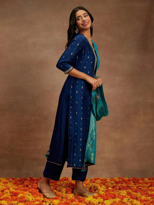 Blue Printed Silk Straight Suit With Dupatta