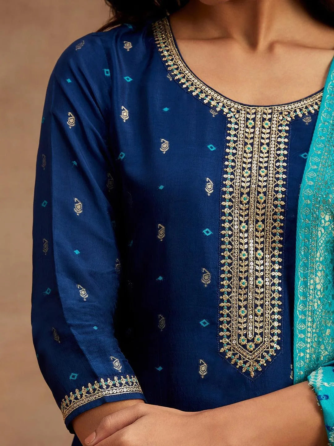 Blue Printed Silk Straight Suit With Dupatta