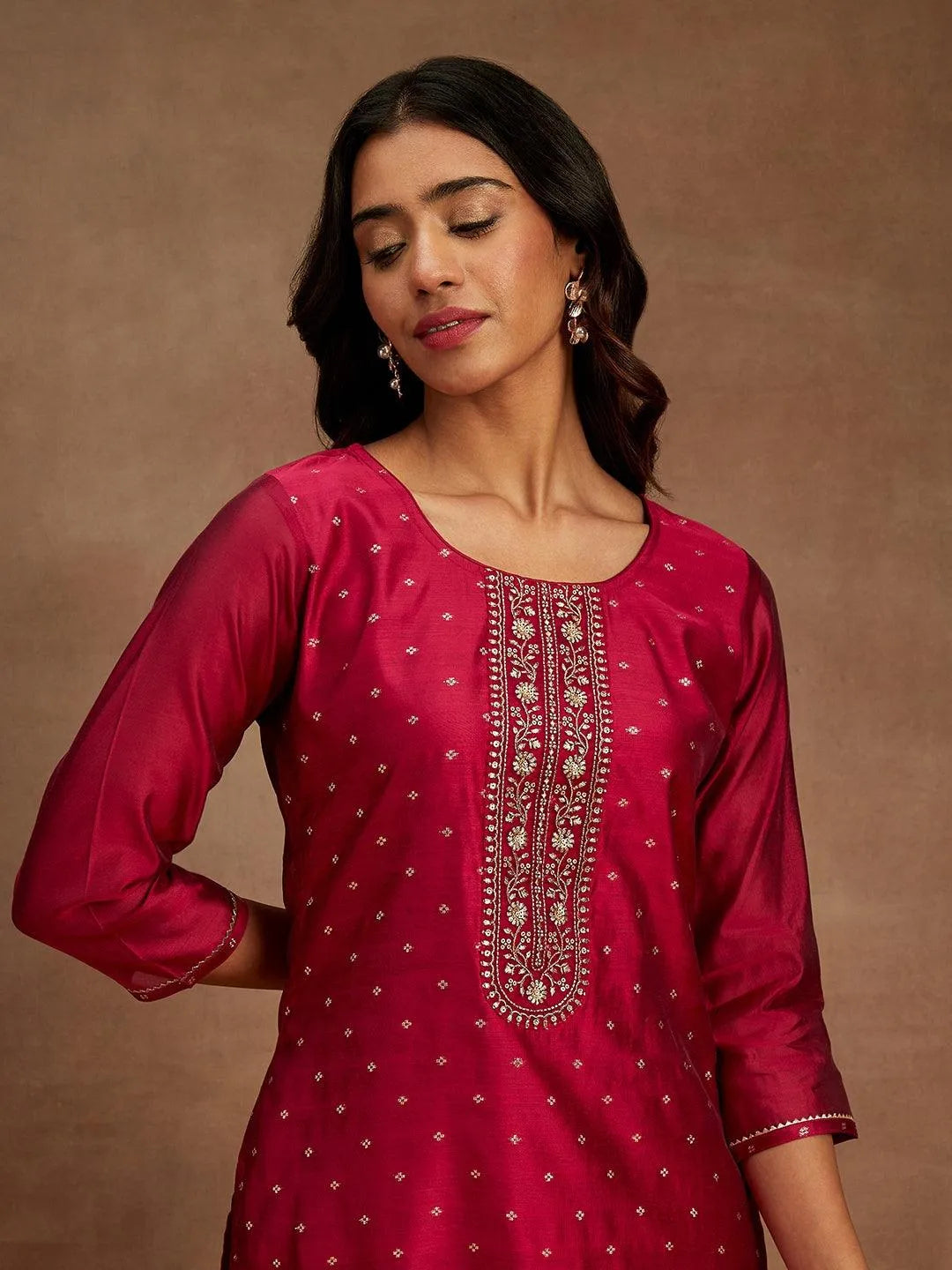 Fuchsia Woven Design Chanderi Silk Straight Kurta