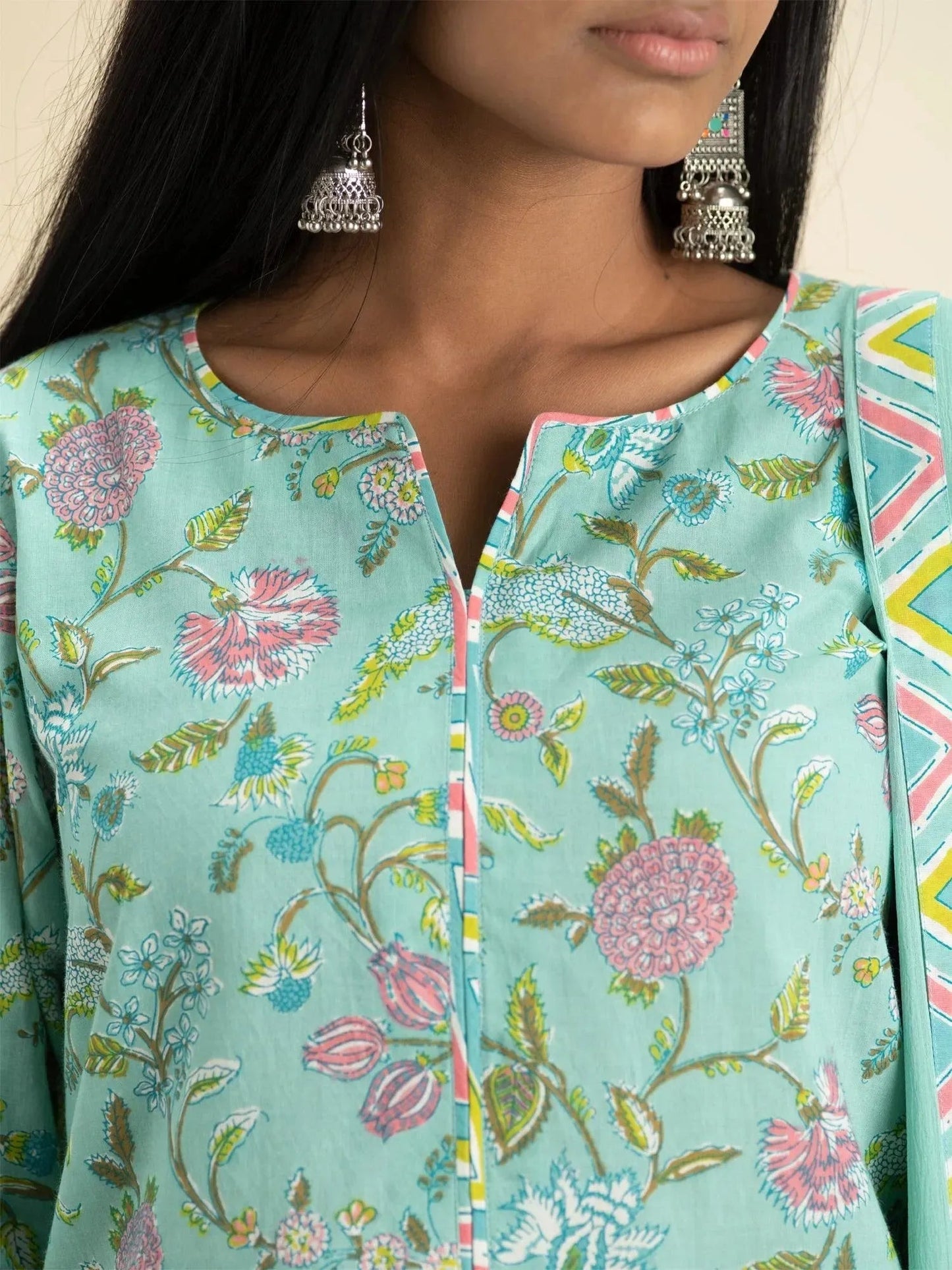 Green Printed Cotton Straight Kurta With Palazzos & Dupatta