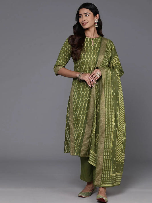 Green Printed Cotton Straight Suit With Dupatta