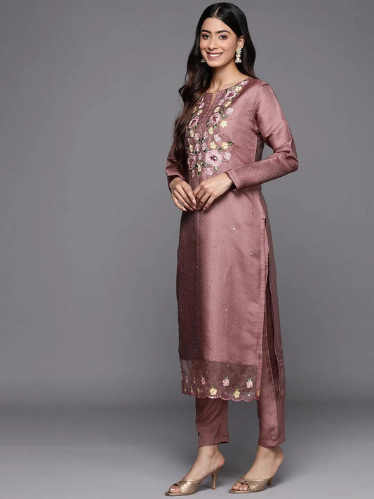 Mauve Yoke Design Silk Blend Straight Kurta With Trousers & Dupatta