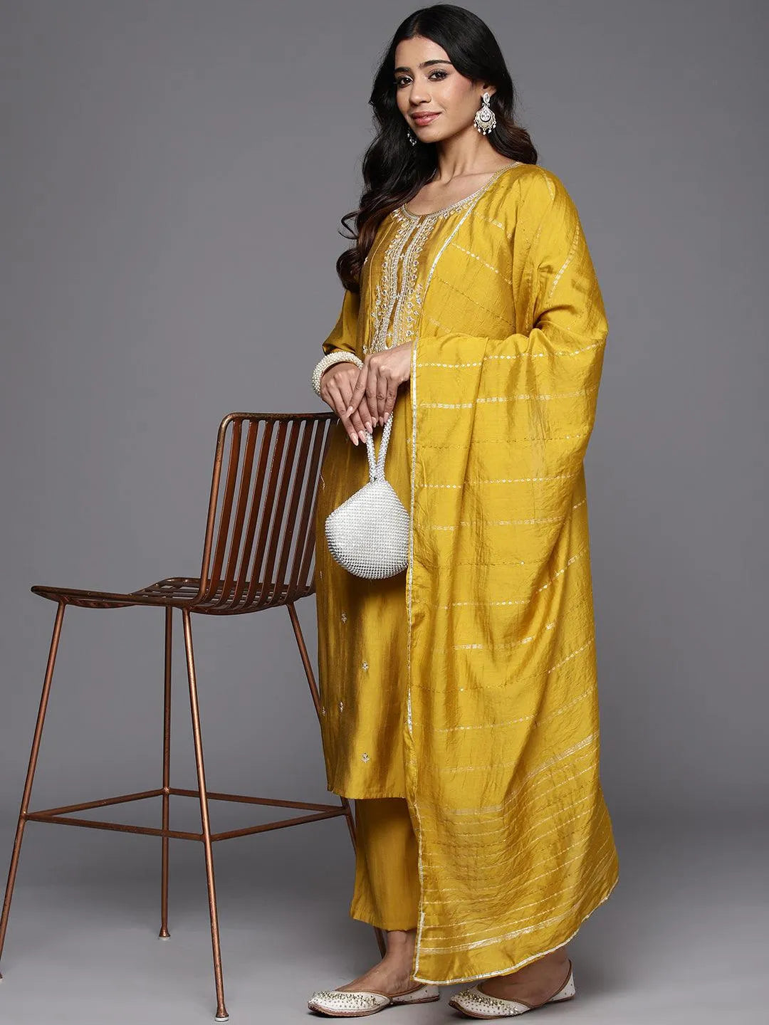 Mustard Yoke Design Silk Blend Straight Suit With Dupatta