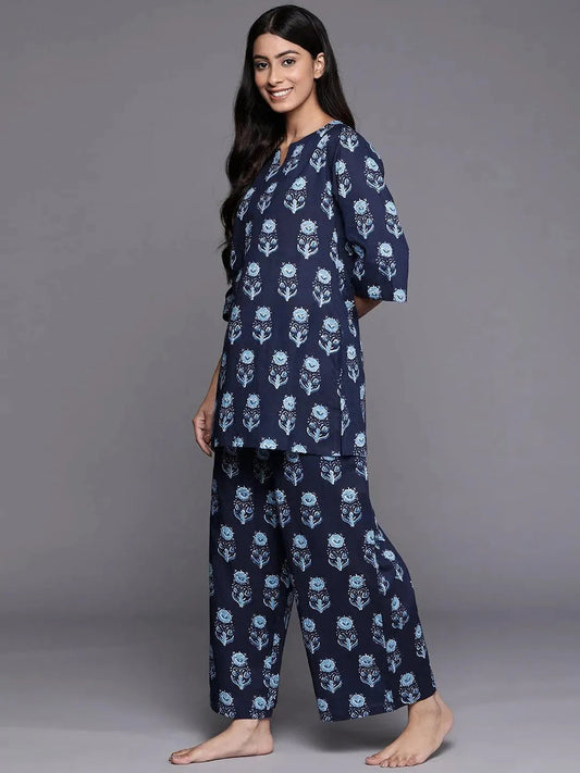 Navy Blue Printed Cotton Night Suit
