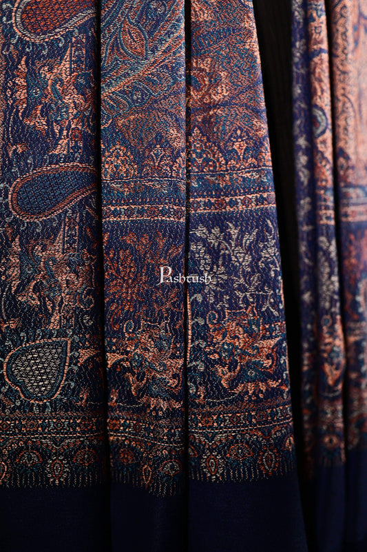 Pashtush Mens Jamawar Stole, Fine Soft Ethnic Stole Navy Blue