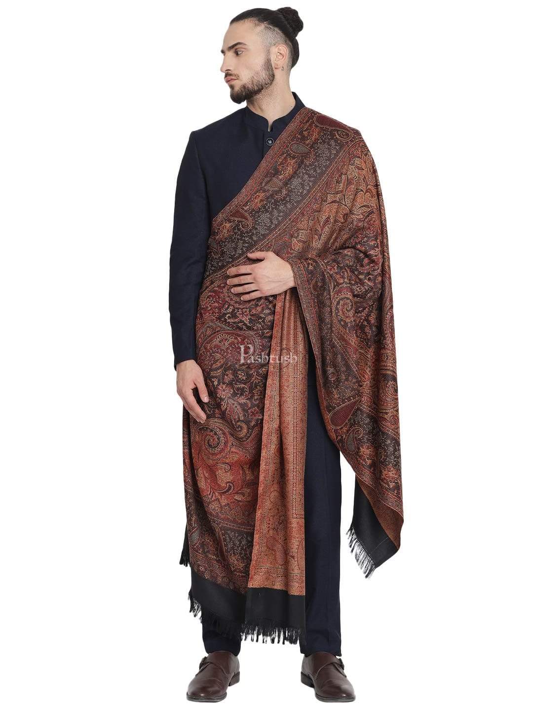 Pashtush Mens Jamawar Stole, Faux Pashmina, Black