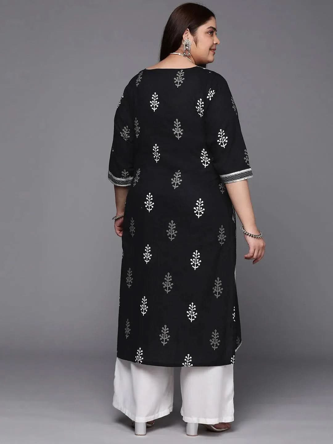 Plus Size Black Printed Cotton Straight Kurta