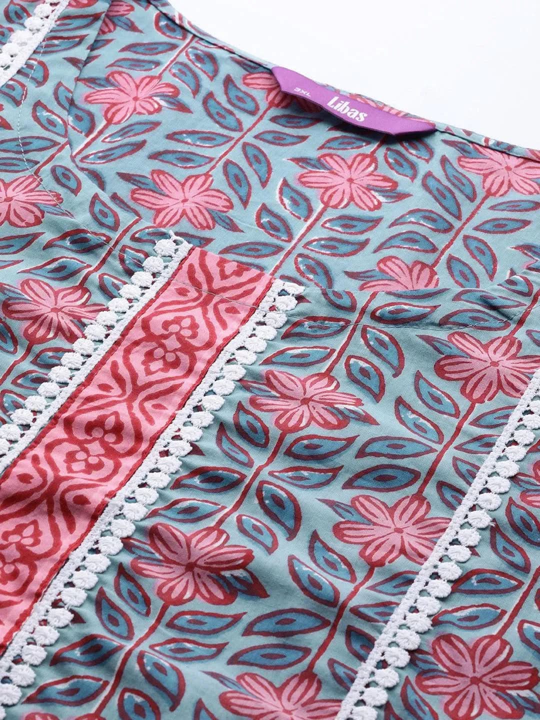 Plus Size Blue Printed Cotton Kurta