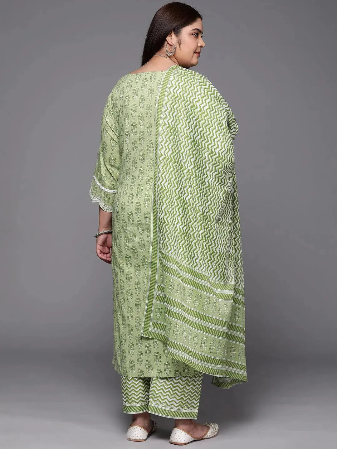 Plus Size Green Embroidered Cotton Straight Kurta With Trousers & Dupatta