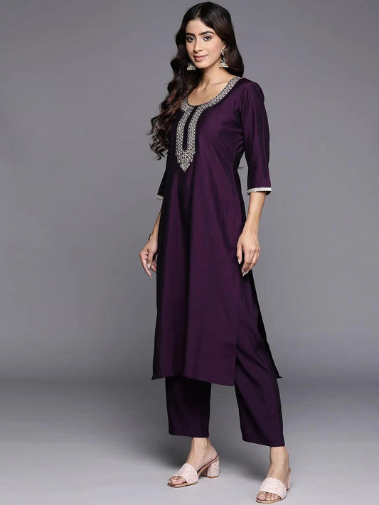 Purple Embroidered Silk Blend Straight Suit With Dupatta