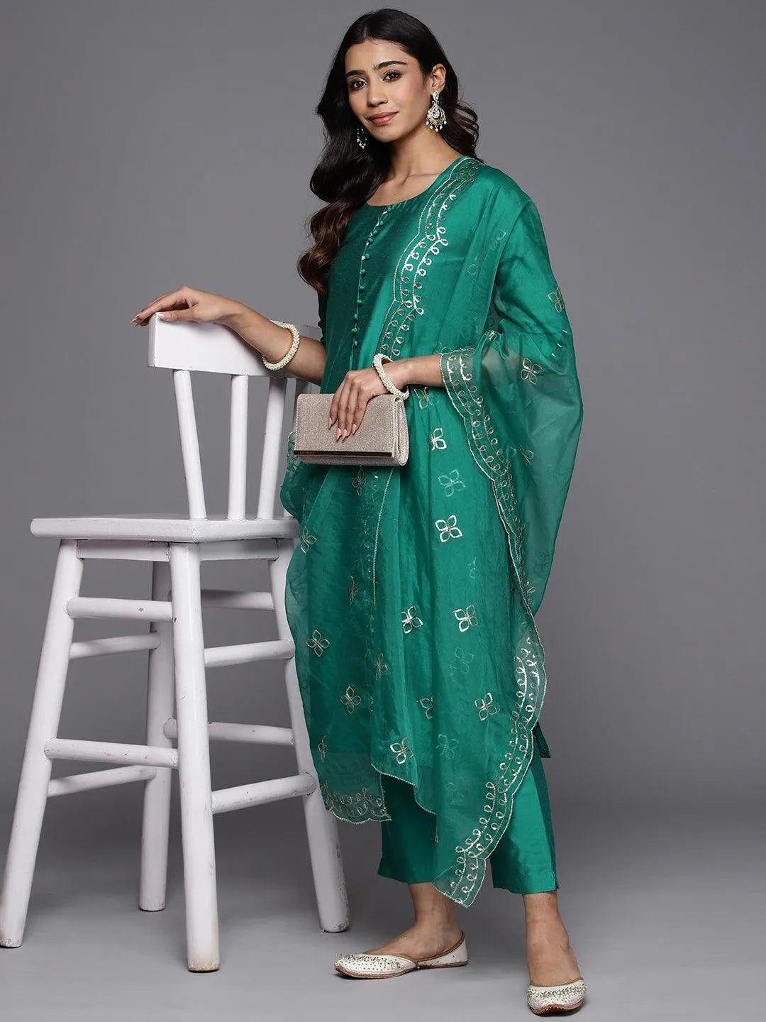 Green Solid Silk Blend Straight Suit With Dupatta