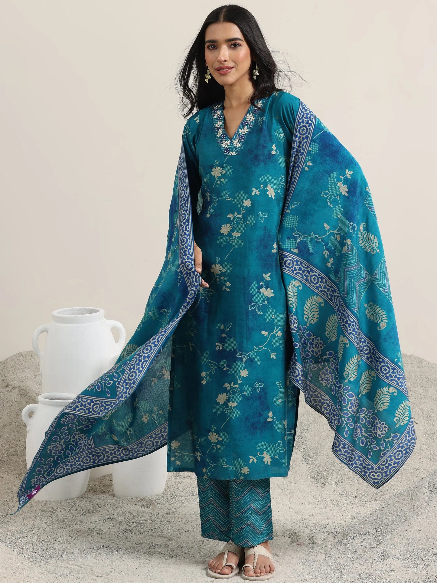 Blue Printed Silk Blend Straight Suit With Dupatta