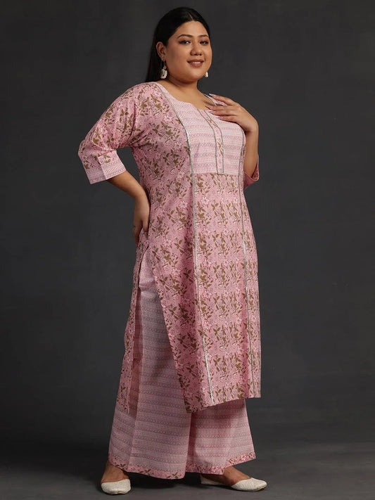 Plus Size Pink Yoke Design Cotton Straight Suit With Dupatta
