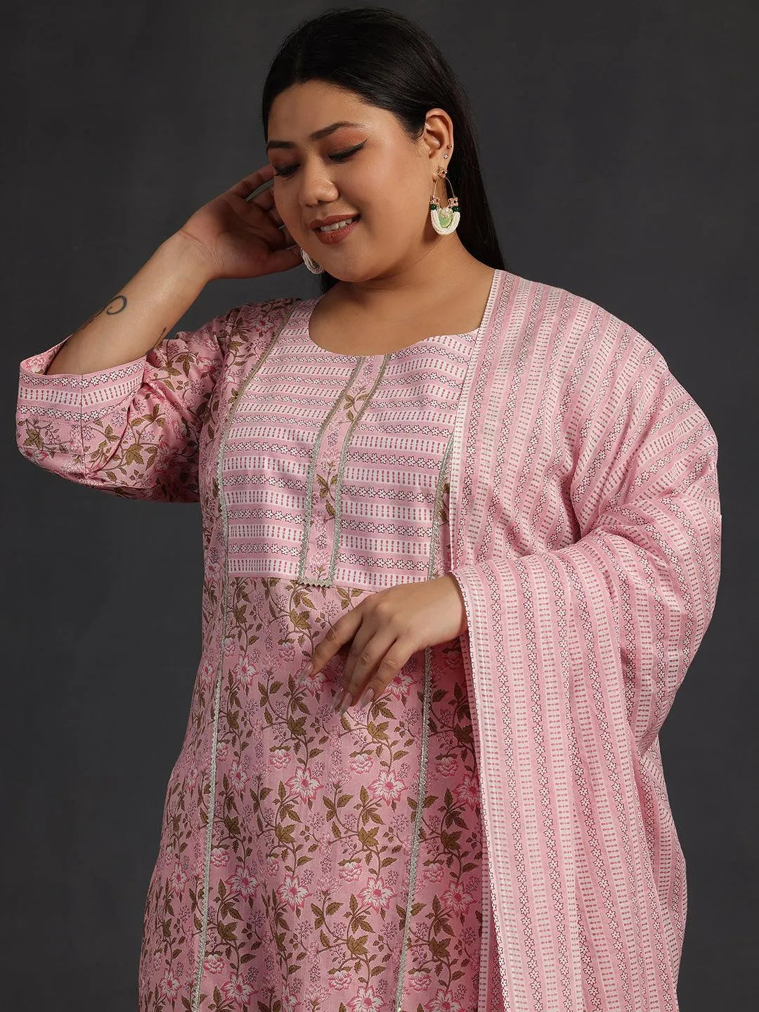Plus Size Pink Yoke Design Cotton Straight Suit With Dupatta