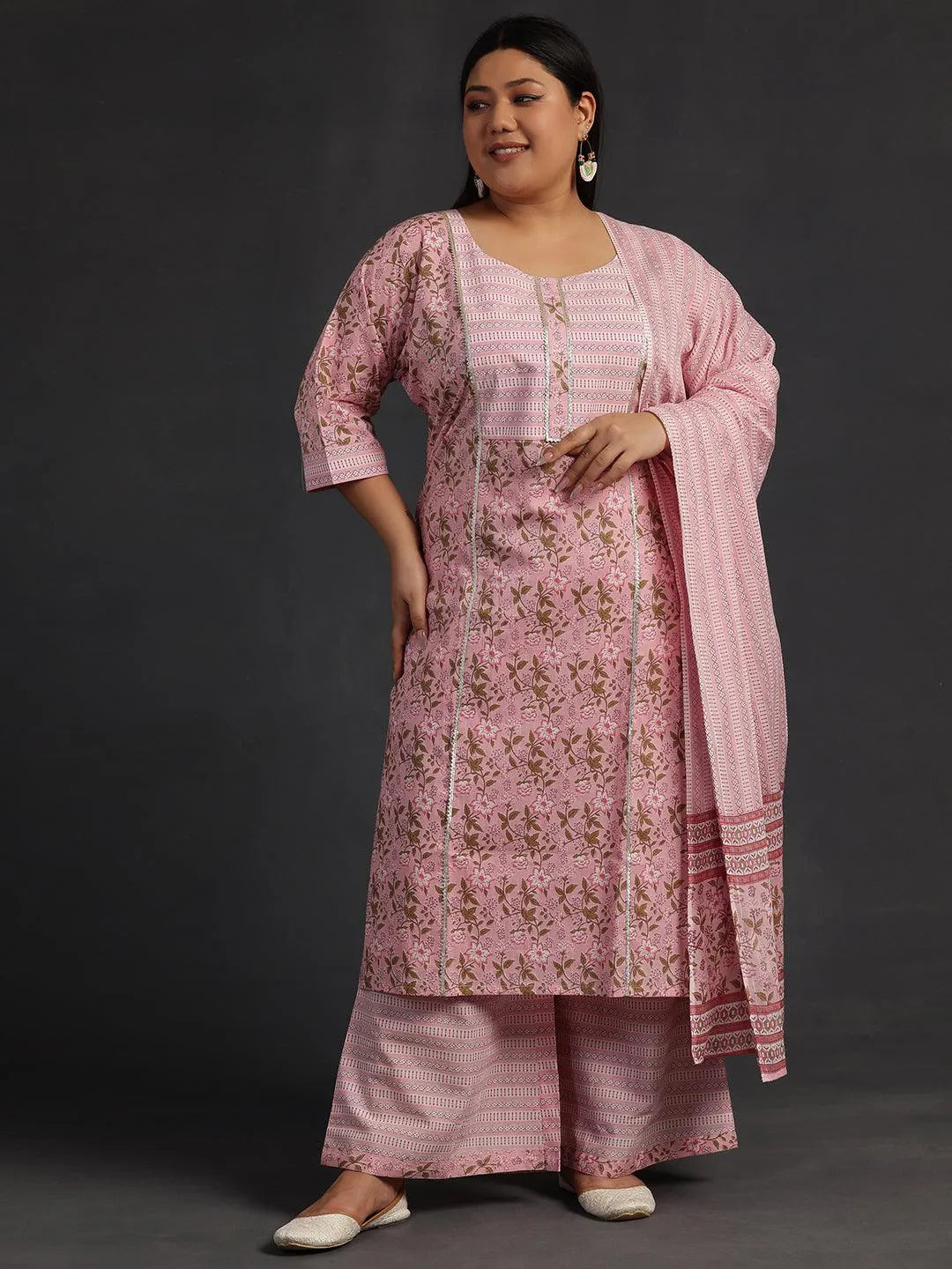 Plus Size Pink Yoke Design Cotton Straight Suit With Dupatta
