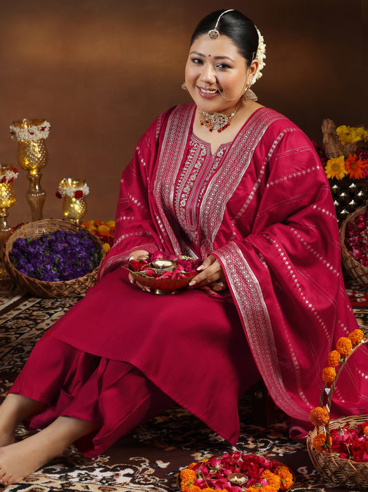 Plus Size Red Yoke Design Silk Blend Straight Suit With Dupatta