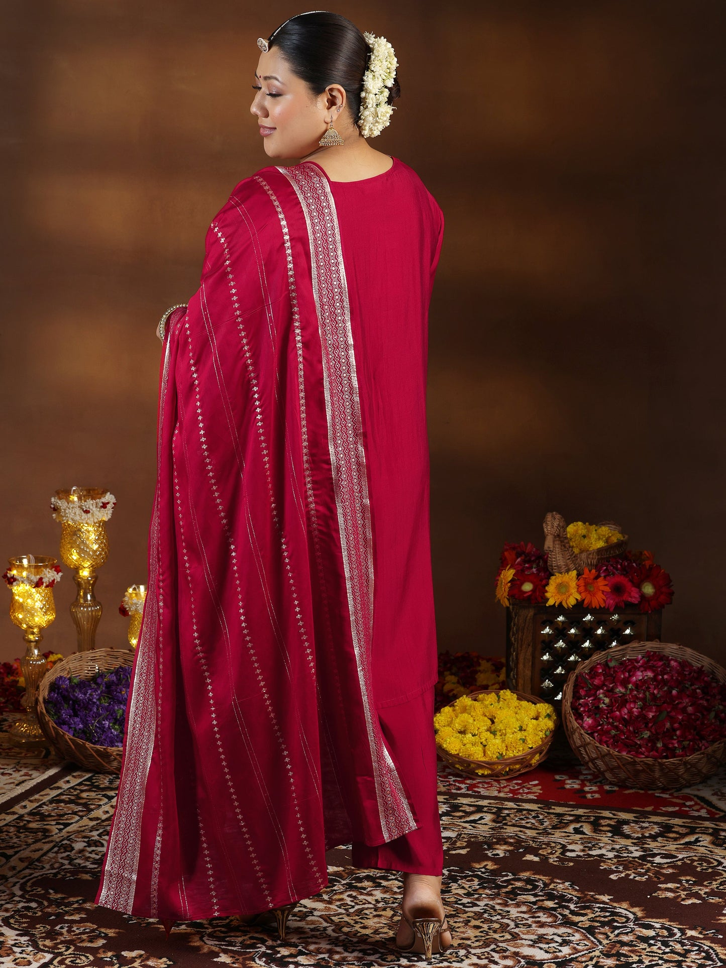 Plus Size Red Yoke Design Silk Blend Straight Suit With Dupatta