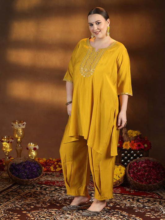 Plus Size Yellow Yoke Design Silk Blend Straight Suit With Dupatta