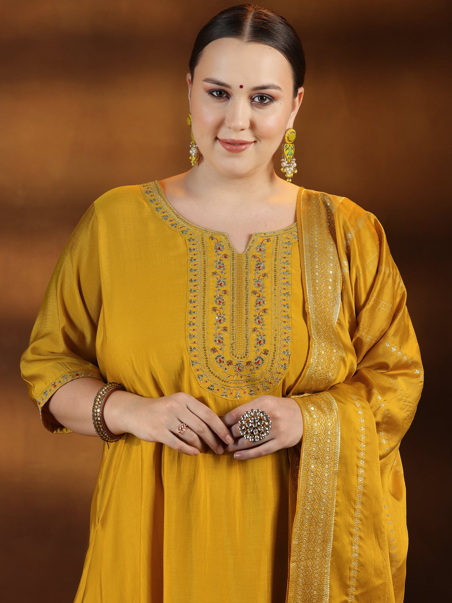 Plus Size Yellow Yoke Design Silk Blend Straight Suit With Dupatta