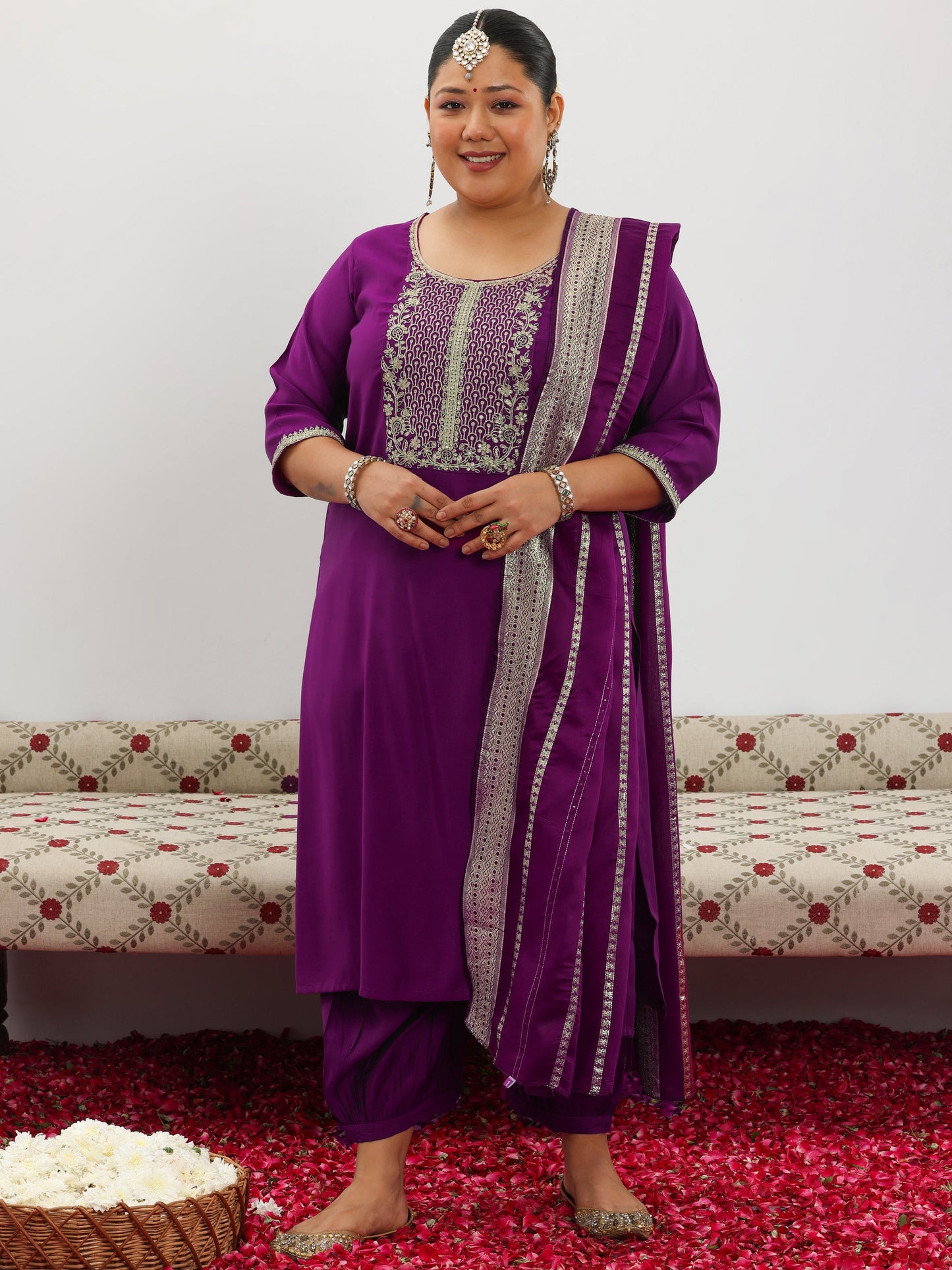 Plus Size Purple Yoke Design Silk Blend Straight Suit With Dupatta