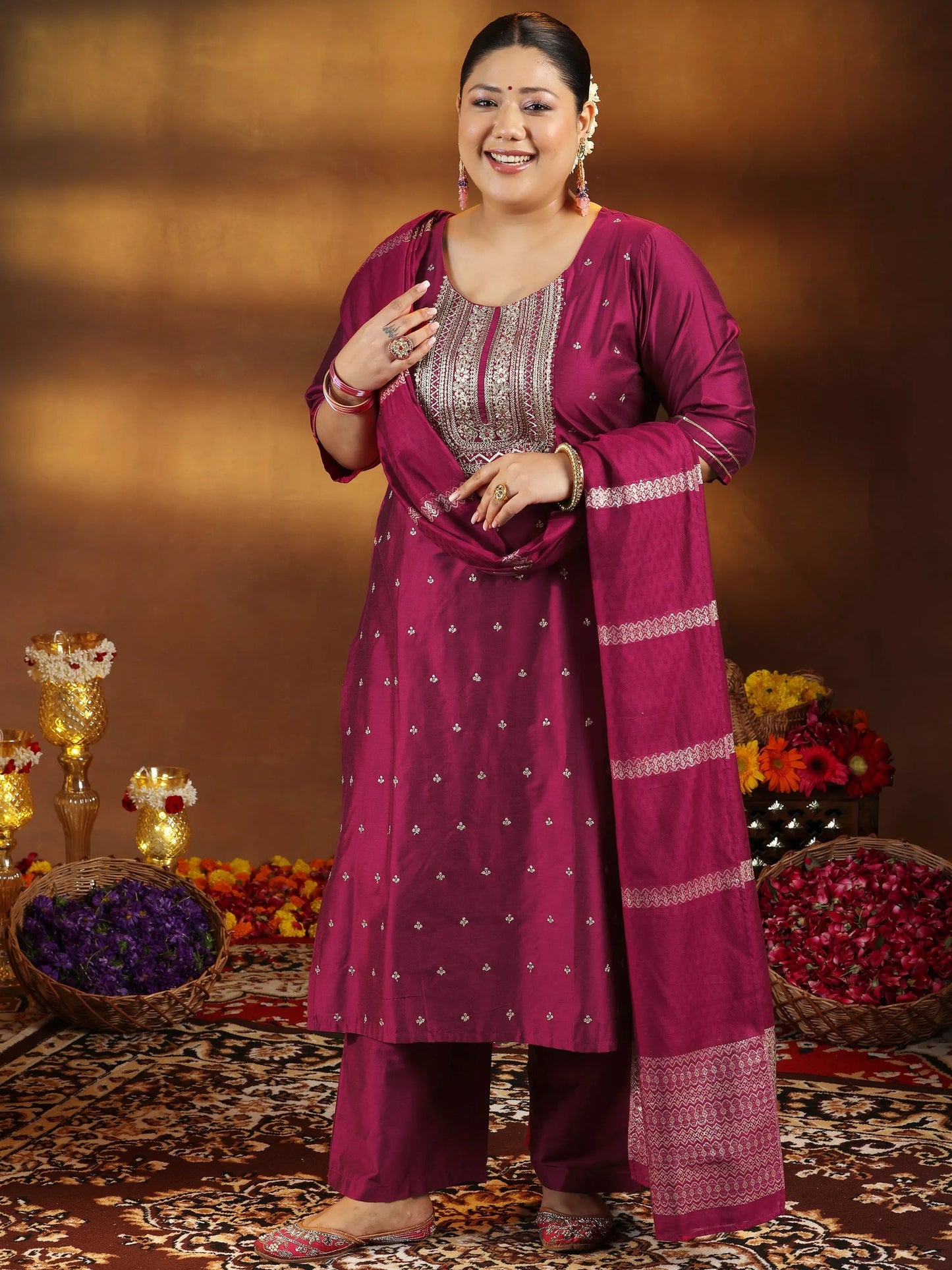 Plus Size Pink Embroidered Silk Blend Straight Suit With Dupatta