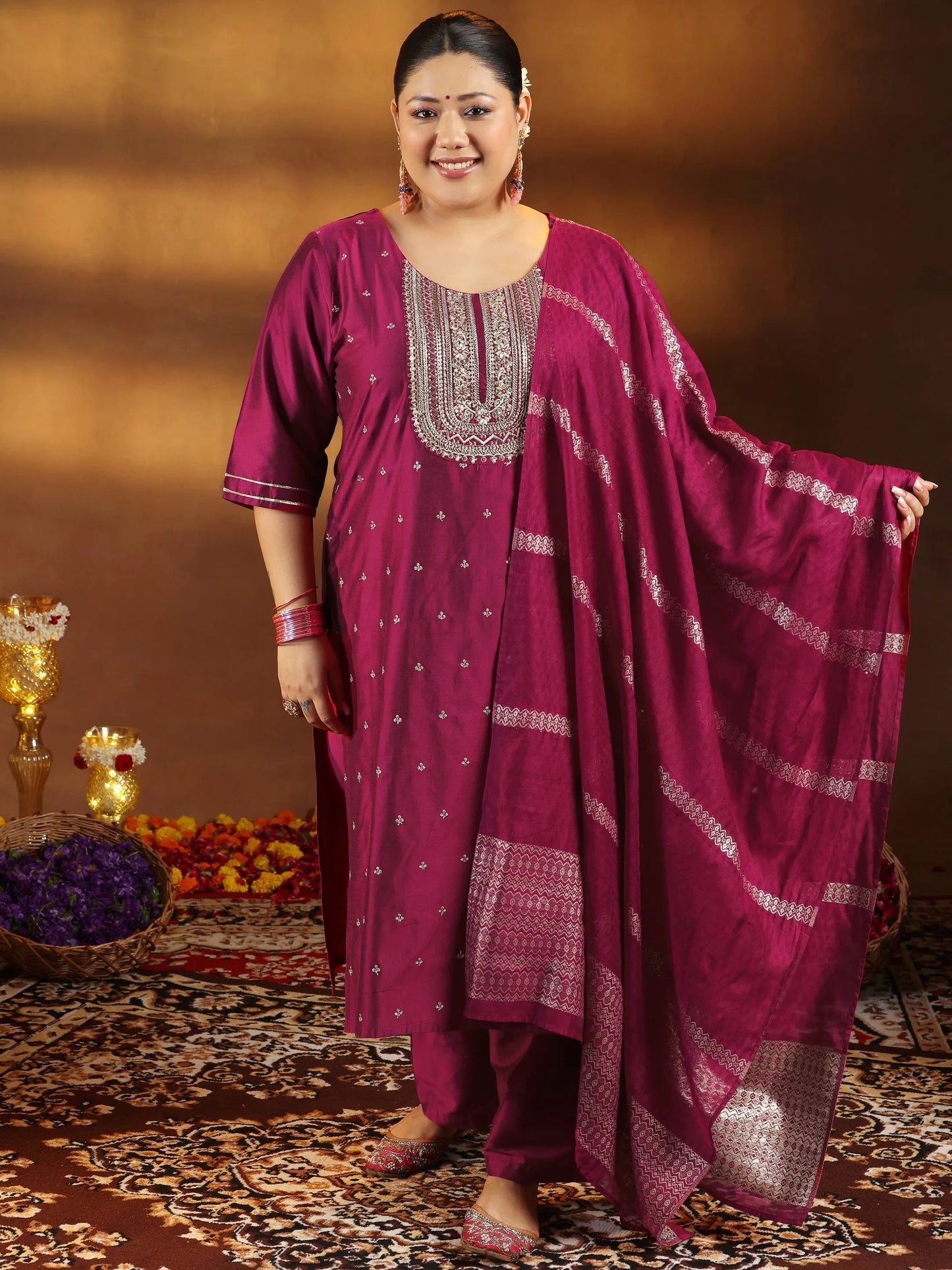 Plus Size Pink Embroidered Silk Blend Straight Suit With Dupatta