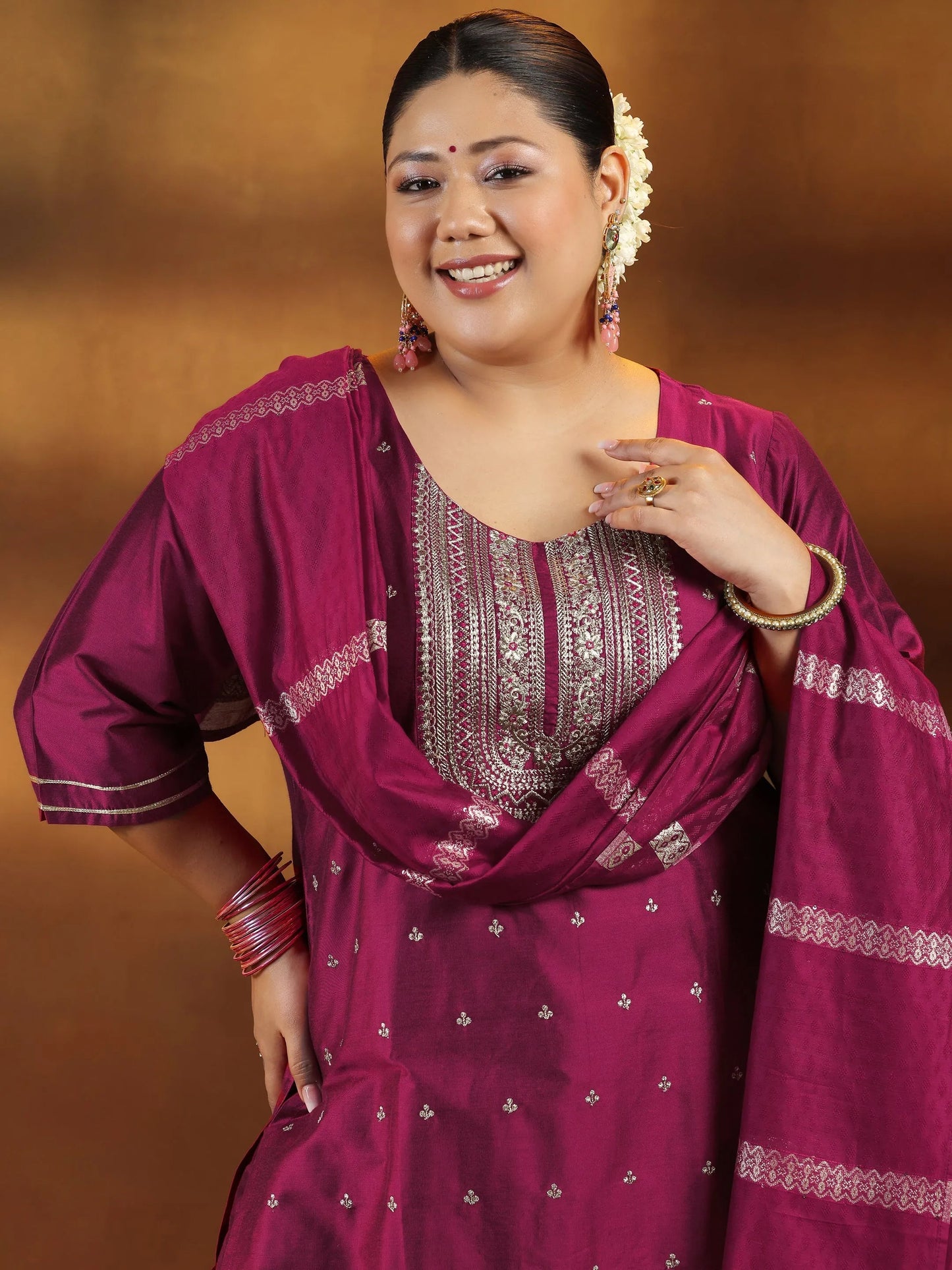 Plus Size Pink Embroidered Silk Blend Straight Suit With Dupatta