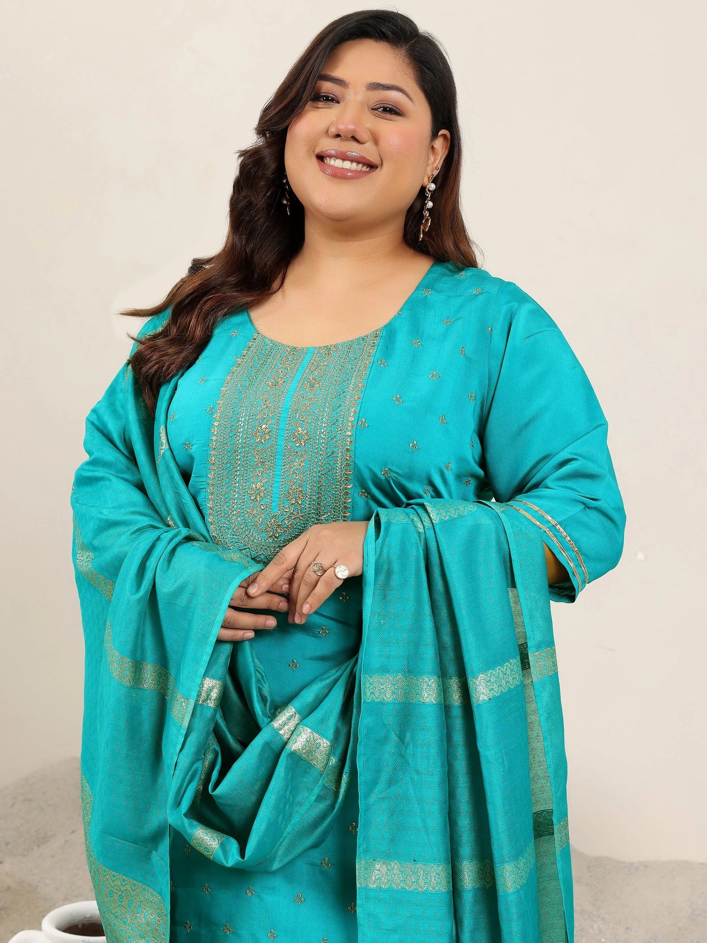 Plus Size Teal Yoke Design Silk Blend Straight Suit With Dupatta