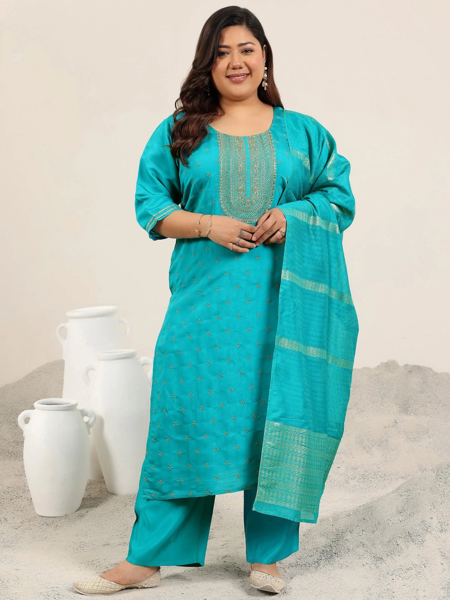 Plus Size Teal Yoke Design Silk Blend Straight Suit With Dupatta